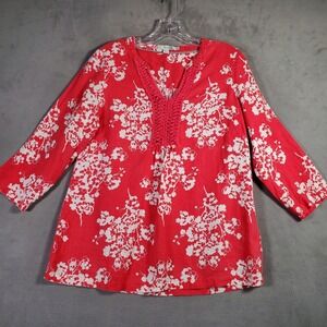 Boden Tunic Top Womens 8 Red White Floral Linen 3/4 Sleeve‎ Boho Resort Coastal